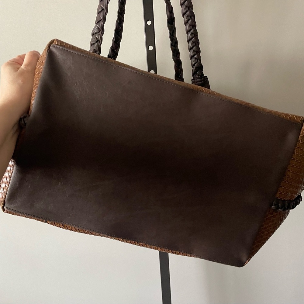 Bueno Large Woven Braided Boho Tote Bag XL Purse Brown Cognac Vegan Faux Leather - Picture 7 of 11